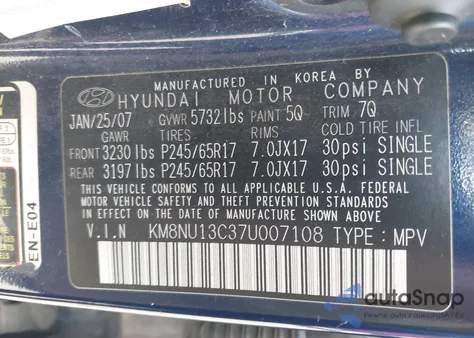 2007 Hyundai Veracruz Gls/Limited/Se z USA, uszkodzony, nr VIN KM8NU13C37U007108